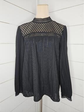 Kensie large black long sleeve cotton blouse with lace and embroidered details